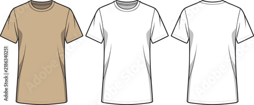 Flat sketch of beige and white tshirt technical fashion illustration set