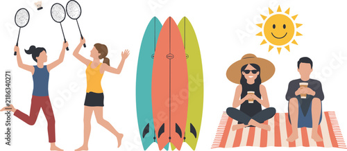 Flat illustration of people enjoying outdoor summer activities and sports during vacation