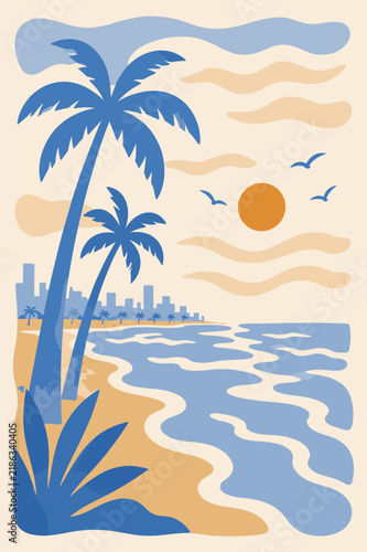 Flat vector illustration of a tropical beach sunset with palm trees and a distant city skyline