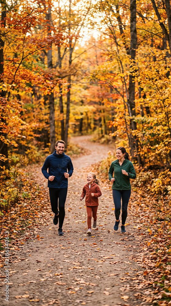 Obraz premium Happy family with man, woman and kid jogging together on forest path. They run among golden trees and fallen leaves in autumn park.