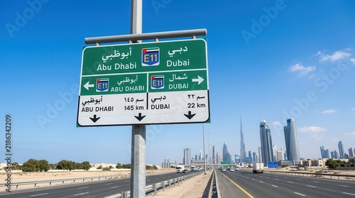 Dubai Abu Dhabi Highway Road Signage In The United Arab Emirates