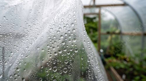 Close up of plastic greenhouse cover with heavy condensation water droplets
