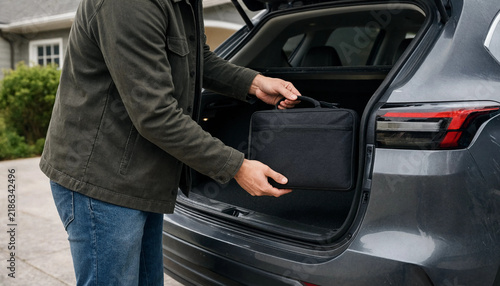 Man placing a black laptop bag into the open trunk of his suv with car trunk loading car cargo space vehicle trunk travel gear business travel daily commute packing car utility