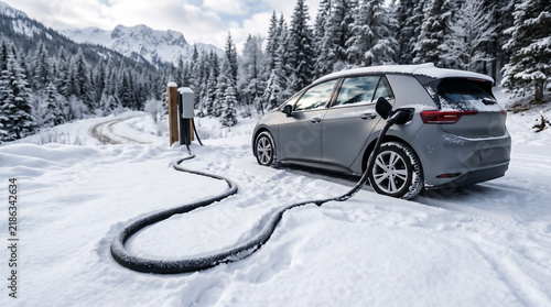 electric vehicle, electric car, charging station, winter, snow, generative ai, ai generated, charging port, charging cable, cold weather, blizzard, snowstorm, green energy, eco friendly, clean technol