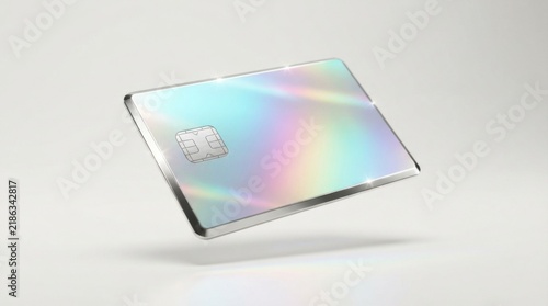 Modern holographic credit card floating on a light background