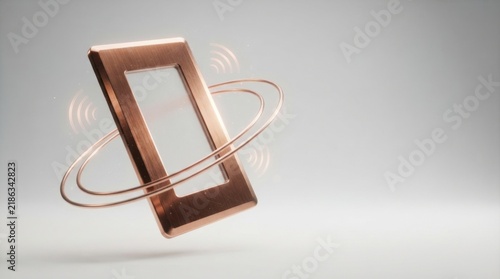 Floating rose gold smartphone with abstract rings