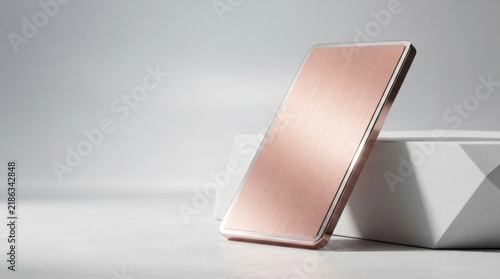 Rose Gold Metal Plate Standing on a White Surface