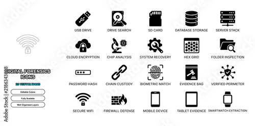 Digital forensics investigation flat icon set. Cyber crime evidence, hard drive data recovery, encryption search, chip analysis symbols for web app ui design.