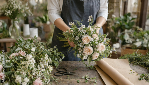 Professional florist arranging a delicate pink and white rose bouquet in a rustic studio with flower bouquet floral design pink roses white flowers flower shop handmade bouquet floral art