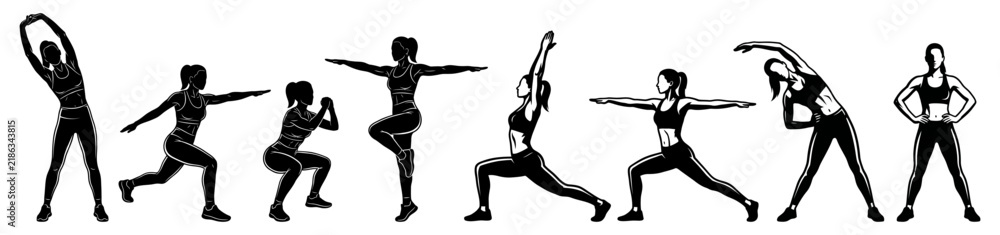 Fototapeta premium Yoga Poses Sequence Illustration, Dynamic Fitness Routine Concept. Silhouette Figures Demonstrating Stretching