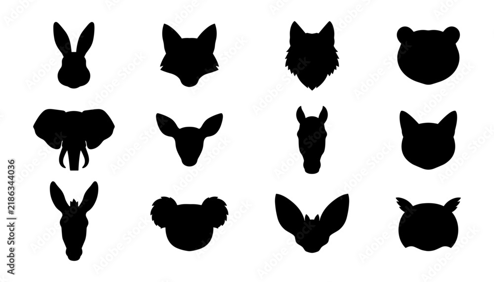 Obraz premium Animal Silhouettes Set, Featuring Rabbit, Fox, Bear, and Deer Head Profiles