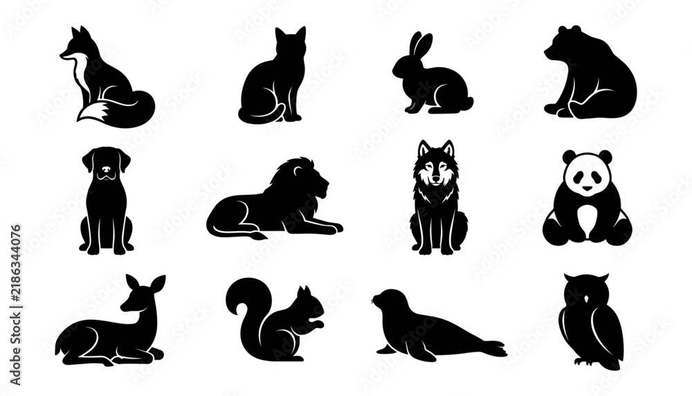 Obraz premium Animal Silhouettes Set, Wildlife Icons Collection Featuring Silhouette, Fox