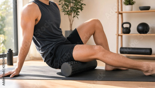 Man performing foam rolling for leg muscle recovery at the gym with foam roller leg massage myofascial release fitness training active lifestyle physical therapy workout routine gym gear