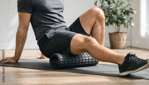 Man using a black textured foam roller to massage his leg muscles on a gym mat with myofascial release muscle recovery fitness training active lifestyle physical therapy workout routine