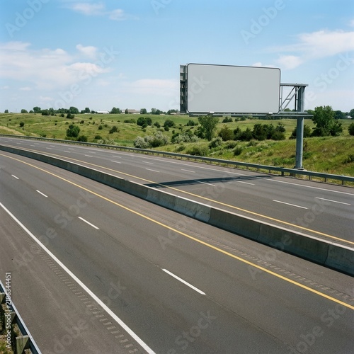 Empty Highway Billboard Under Blue Sky And Green Fields Outdoor Advertising