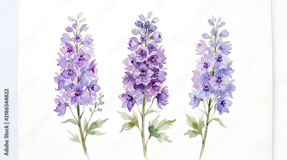 Obraz premium A beautifully painted delicate watercolor illustration features three lavender flower stalks with lush green leaves set against a pristine white backdrop evoking calm serenity
