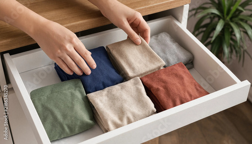 Person hands arranging folded linens and clothes inside a clean bedroom dresser drawer with organized clothing drawer organizer folding clothes storage solution home organization textiles