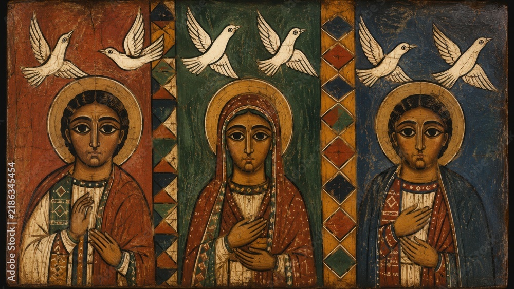Obraz premium Three sacred figures beneath white doves in a traditional Christian icon style