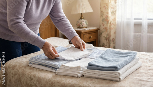 Woman folding clean white and light blue laundry on a bed in a bedroom setting with bed linens folding clothes bedroom interior tidying up daily routine domestic life home care housework
