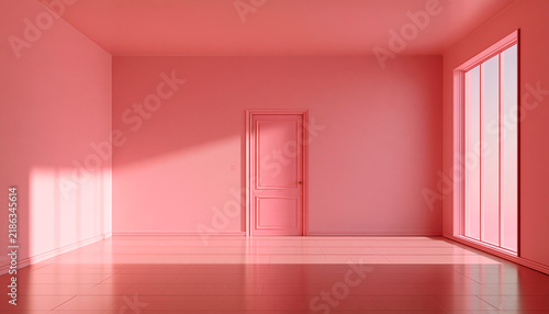 Pink modern interior with light oak floor, pink door