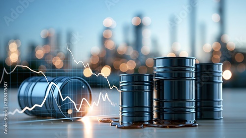 Bright Neutral Oil Barrel Concept and Refinery Silhouette with a Downward Market Chart on Clean Background, Energy Sector Market Downturn Concept, Oil Industry, Economy, Finance, Chart, Barrel, Tradin