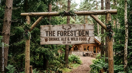 Rustic Forest Den Sign Welcoming Visitors To A Charming Cabin For Drinks And Wild Food