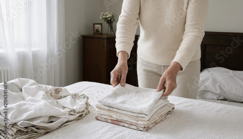 A woman neatly folding clean white bed linens on a mattress in a bright bedroom with folding laundry bed sheets household chores organized home domestic life bedroom interior mature woman