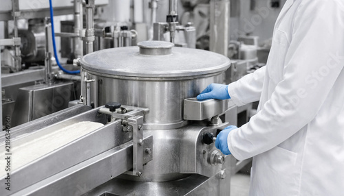Food production technician using industrial equipment controls in a sterile factory environment with food processing factory worker machine controls manufacturing plant stainless steel