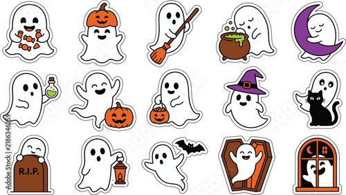 Set of cute ghost stickers featuring various halloween themes like pumpkins bats and witches hats for festive holiday decoration projects
