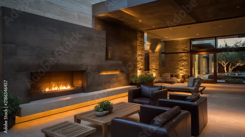Modern patio space showcasing a fireplace with smooth concrete finishes elegant outdoor furniture soft night lighting sharp focus sophisticated ambiance
