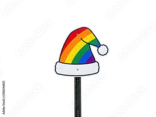 Rainbow Santa Hat Christmas Decoration On A Signpost Festive Pride