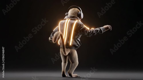 Playful monkey in a modern jacket with headphones dancing freely mid motion well defined lighting sharp focus lively joyful scene