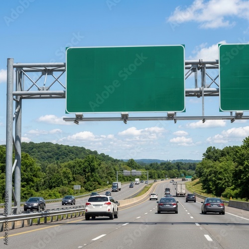 Green highway signs above busy road with cars and distant trees on a sunny day