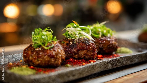 Sizzling beef mince patties without bun served on a modern plate steam effect light blurred background focused presentation