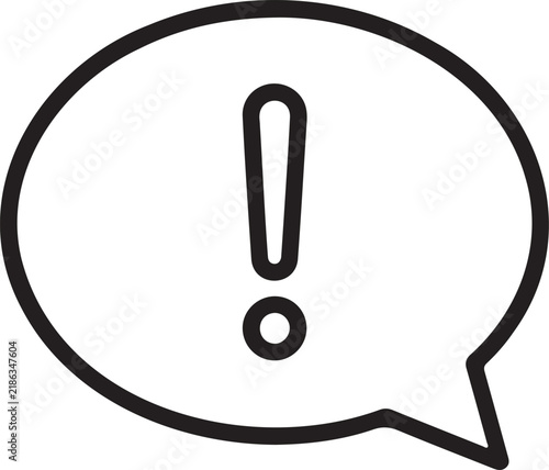 Minimalist black‑and‑white line art of a speech bubble with an exclamation mark inside, symbolizing emphasis, alertness, and importance in a stylized design