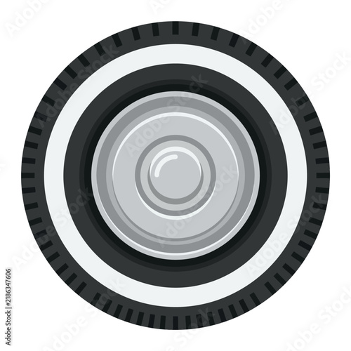 Vintage classic car tire with white wall and chrome hubcap in flat vector style