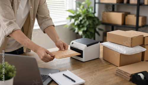 Person preparing small shipping package using thermal label printer in home office environment with ecommerce shipping small business parcel preparation online seller package delivery