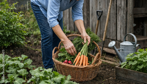 Gardener putting fresh carrots from garden bed into wicker basket with harvesting vegetables organic gardening vegetable garden homegrown produce garden harvest vegetable patch farm life