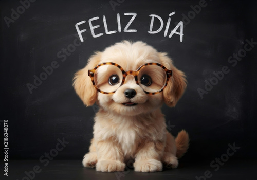 Cachorro tierno con anteojos y mensaje Feliz Día en pizarra para el Día del Maestro