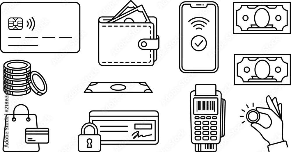 Fototapeta premium Financial banking and money payment line icons set featuring credit card leather wallet smartphone contactless transfer cash notes and coins symbols