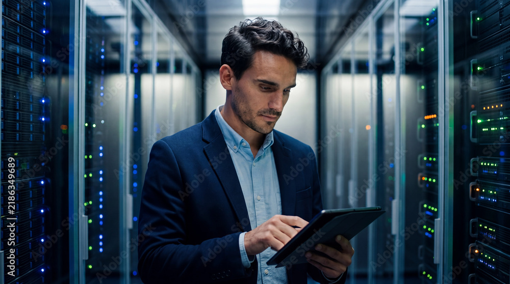 Fototapeta premium Professional man using a digital tablet inside a server room data center