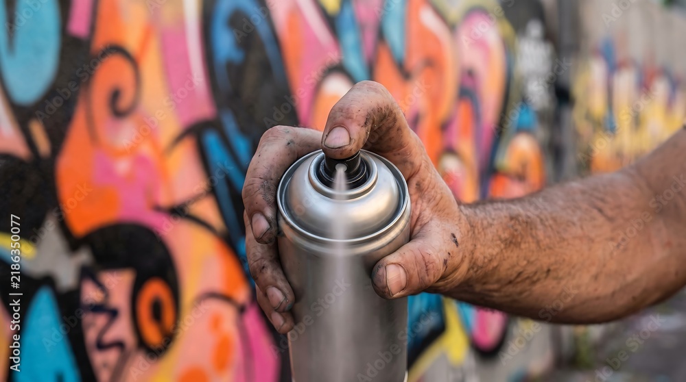Fototapeta premium A close-up shot of a spray paint can in the hand of a graffiti artist creating colorful urban street art on a brick wall
