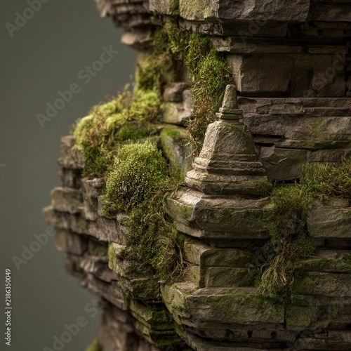 Ancient stone ruins covered in moss and vines