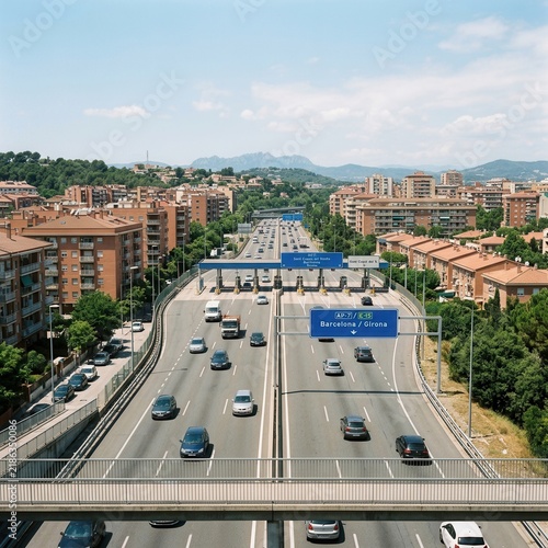 Busy Urban Highway Scene With Cityscape In The Background