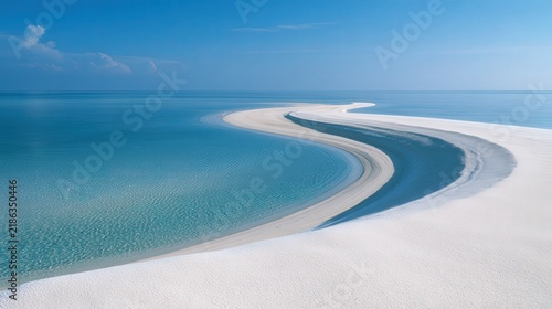 Serene white sandbar curves through clear turquoise ocean water under blue sky