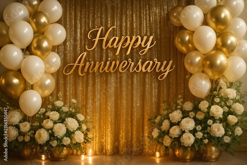 Happy Anniversary Gold Balloon and Rose Floral Backdrop for Elegant Romantic Celebration

