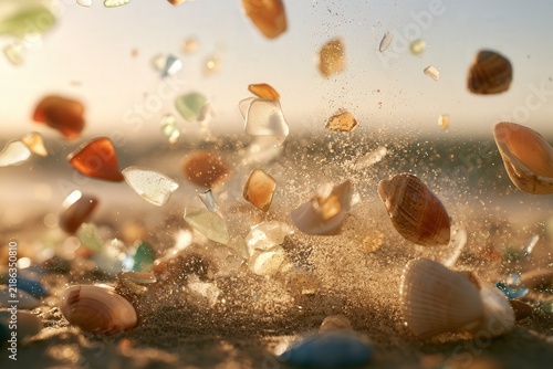 Beach debris and sea glass suspended in the air with sparkly sand