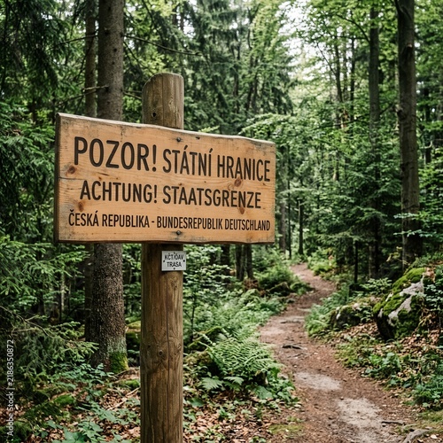 Border Crossing Sign In Dense European Forest Trail Landmark