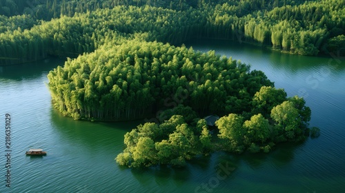 Aerial view of lush green island with bamboo forest and traditional boat on calm water