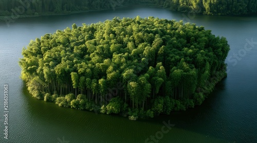 Island covered in lush green bamboo forest surrounded by calm blue water